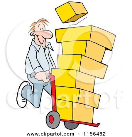 Cartoon of a Happy Man Using a Hand Truck Dolly to Move Boxes - Royalty Free Vector Illustration by Johnny Sajem