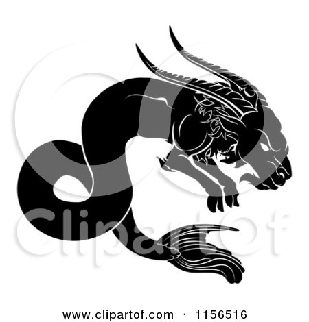 Clipart of a Black and White Horoscope Zodiac Astrology Capricon Sea Goat - Royalty Free Vector Illustration by AtStockIllustration