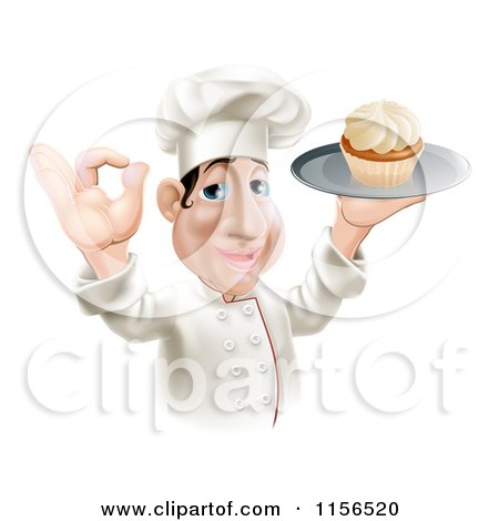 Clipart of a Happy Chubby Chef Gesturing Okay and Holding a Cupcake on a Tray - Royalty Free Vector Illustration by AtStockIllustration