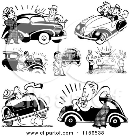 Clipart of Black and White Retro People with Cars - Royalty Free Vector Clipart by BestVector