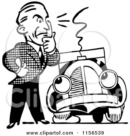 Clipart of a Black and White Retro Man and Car with a Flat Tire - Royalty Free Vector Clipart by BestVector