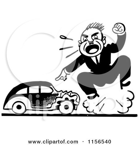 Clipart of a Black and White Retro Man Screaming by a Wrecked a Car - Royalty Free Vector Clipart by BestVector
