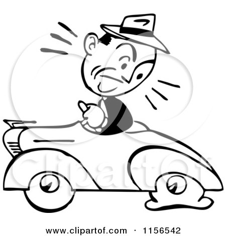 Clipart of a Black and White Retro Man Driving a Car with a Flat Tire - Royalty Free Vector Clipart by BestVector