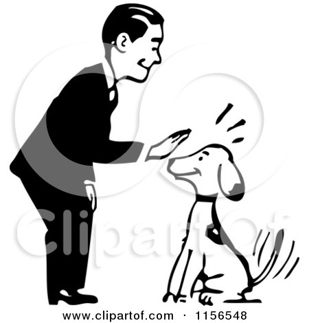 Clipart of a Black and White Retro Man Petting a Sitting Dog - Royalty Free Vector Clipart by BestVector