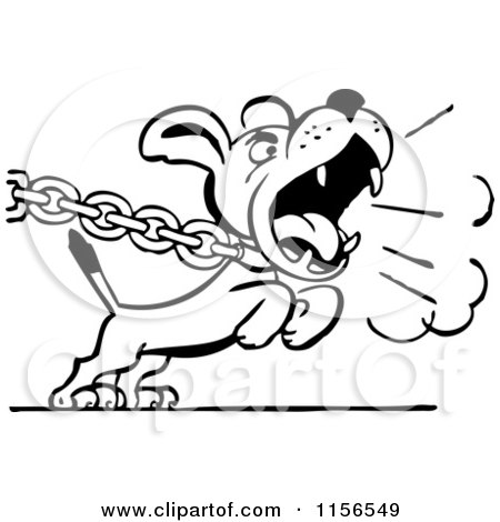 Clipart of a Black and White Retro Dog Barking and Pulling on a Chain - Royalty Free Vector Clipart by BestVector