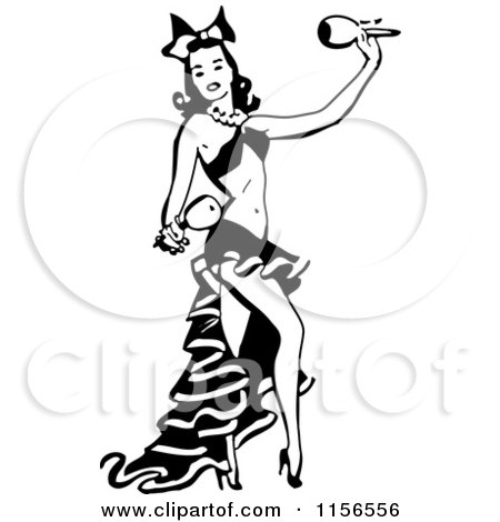 Clipart of a Black and White Retro Woman Dancing with Maracas - Royalty Free Vector Clipart by BestVector