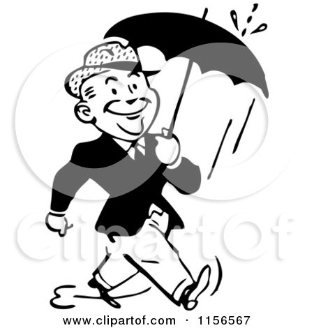 Clipart of a Black and White Retro Man Walking with an Umbrella - Royalty Free Vector Clipart by BestVector