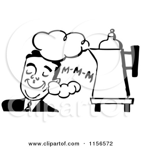 Clipart of a Black and White Retro Man Listening to a Coffee Percolator - Royalty Free Vector Clipart by BestVector