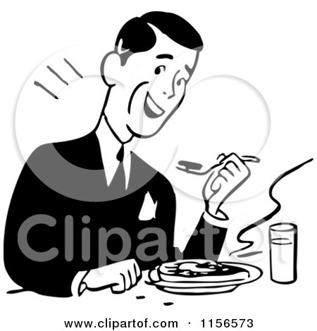 Clipart of a Black and White Retro Man Eating a Meal - Royalty Free Vector Clipart by BestVector