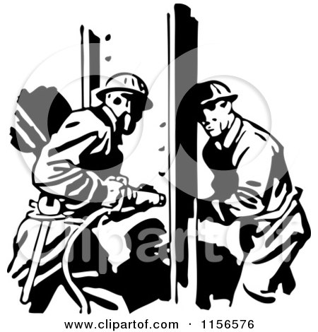 Clipart of a Black and White Retro Construction Workers - Royalty Free Vector Clipart by BestVector