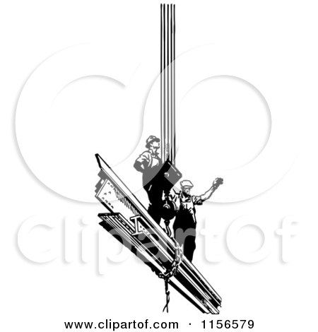 Clipart of a Black and White Retro Men Workinng on a Girder - Royalty Free Vector Clipart by BestVector