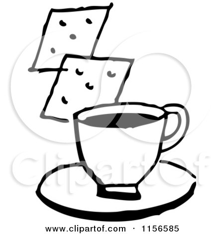 Clipart of a Black and White Retro Cup of Coffee or Soup and Crackers - Royalty Free Vector Clipart by BestVector