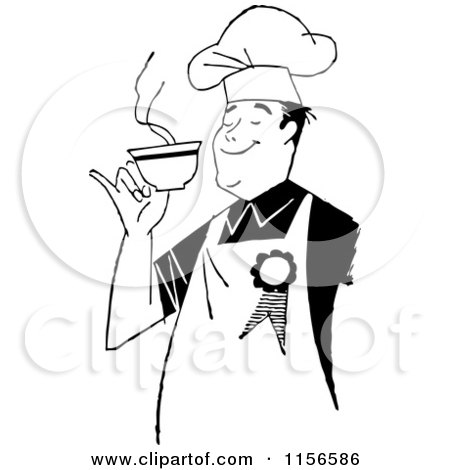 Clipart of a Black and White Retro Male Chef Smelling Coffee - Royalty Free Vector Clipart by BestVector