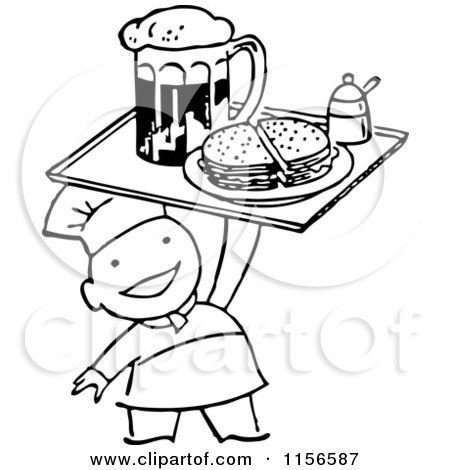 Clipart of a Black and White Retro Chef Serving Beer and a Sandwich - Royalty Free Vector Clipart by BestVector