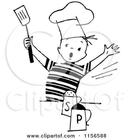 Clipart of a Black and White Retro Chef Boy with Salt and Pepper - Royalty Free Vector Clipart by BestVector