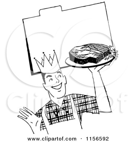 Clipart of a Black and White Retro Male Chef with Steak over a Recipe Card - Royalty Free Vector Clipart by BestVector