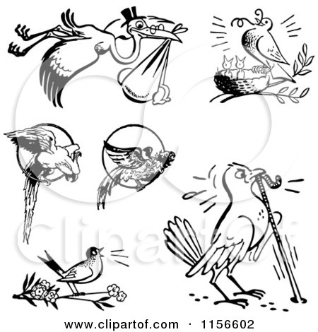 Clipart of Black and White Retro Birds - Royalty Free Vector Clipart by BestVector