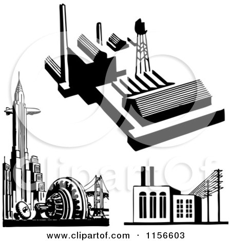 Clipart of a Black and White Retro City and Factories - Royalty Free Vector Clipart by BestVector