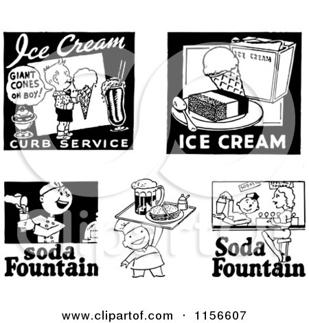 Clipart of Black and White Retro Ice Cream and Soda Fountain Signs - Royalty Free Vector Clipart by BestVector