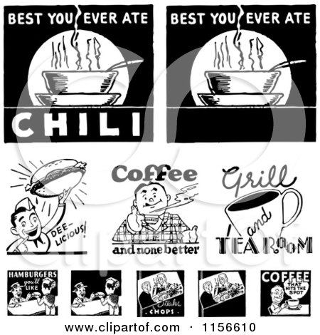 Clipart of Black and White Retro Coffee and Food Signs - Royalty Free Vector Clipart by BestVector