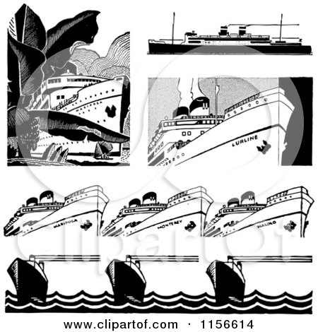 Clipart of Black and White Retro Ships and Borders - Royalty Free Vector Clipart by BestVector