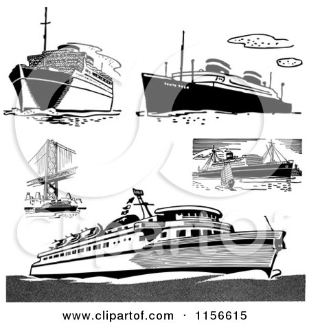 Clipart of Black and White Retro Ships - Royalty Free Vector Clipart by BestVector