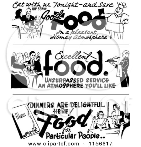 Clipart of Black and White Retro Dining Food Borders - Royalty Free Vector Clipart by BestVector