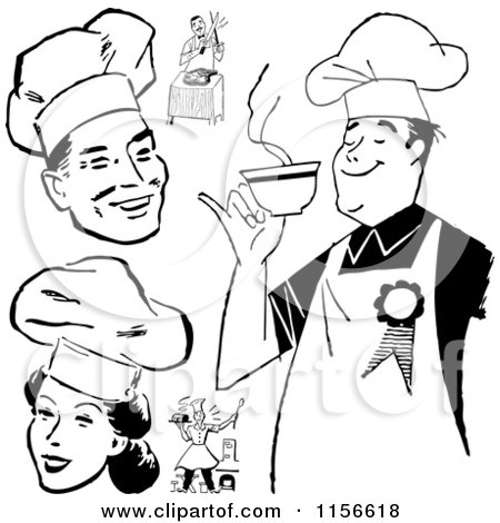 Clipart of Black and White Retro Chefs - Royalty Free Vector Clipart by BestVector