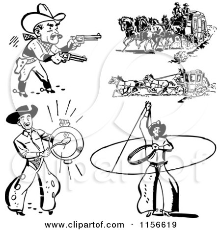 Clipart of Black and White Retro Western Cowboys and Stage Coaches - Royalty Free Vector Clipart by BestVector