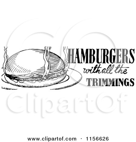 Clipart of a Black and White Retro Hamburger with All the Trimmings Menu Design - Royalty Free Vector Clipart by BestVector