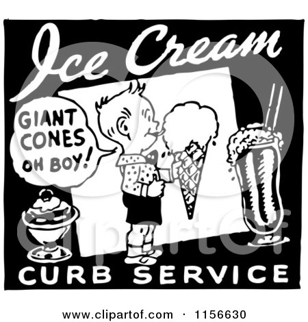 Clipart of a Black and White Retro Ice Cream Curb Service Sign - Royalty Free Vector Clipart by BestVector