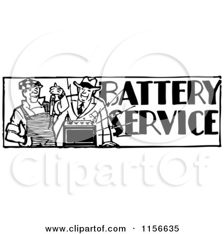 Clipart of a Black and White Retro Batteries Service Man - Royalty Free Vector Clipart by BestVector