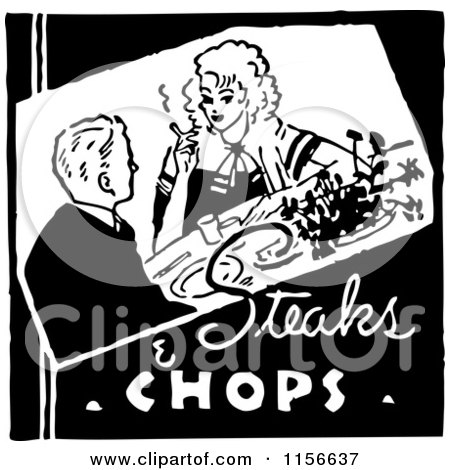 Clipart of a Black and White Retro Dining Couple and Steaks and Chops Text - Royalty Free Vector Clipart by BestVector