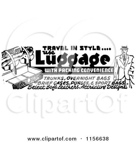 Clipart of a Black and White Retro Travel in Style Luggage Advertisement - Royalty Free Vector Clipart by BestVector