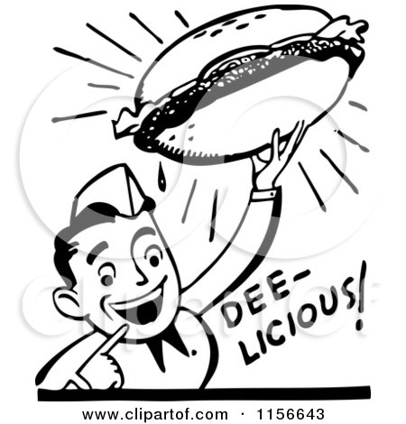 Clipart of a Black and White Retro Man Holding a Delicious Hamburger - Royalty Free Vector Clipart by BestVector
