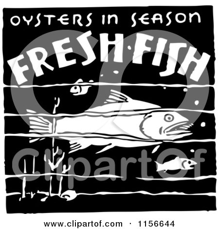 Clipart of a Black and White Retro Oysters in Season Fresh Fish Sign - Royalty Free Vector Clipart by BestVector