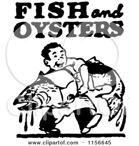 Clipart of a Black and White Retro Man Carrying a Large Fish with Fish and Oysters Text - Royalty Free Vector Clipart by BestVector