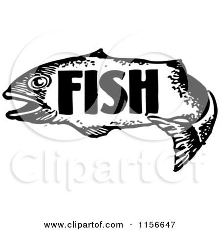 Clipart of a Black and White Retro Fish with Text - Royalty Free Vector Clipart by BestVector