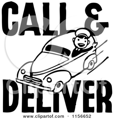 Clipart of a Black and White Retro Call and Deliver Man - Royalty Free Vector Clipart by BestVector