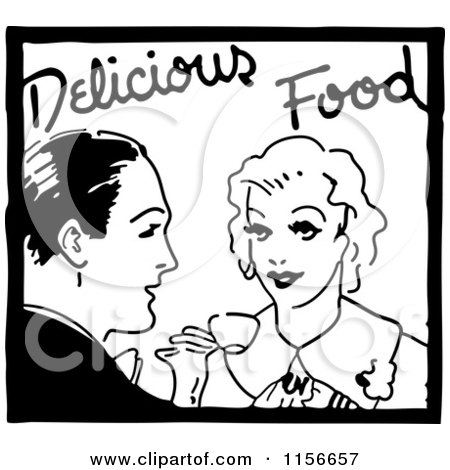 Clipart of a Black and White Retro Couple and Delicious Food Service Sign - Royalty Free Vector Clipart by BestVector