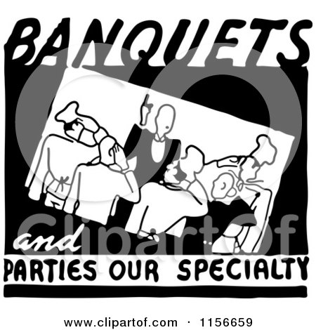 Clipart of a Black and White Retro Banquets and Parties Our Specialty Food Service Sign - Royalty Free Vector Clipart by BestVector