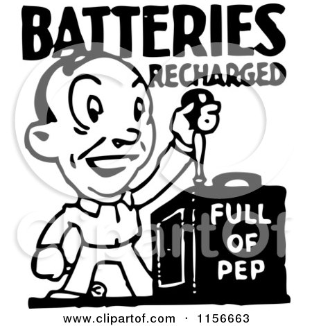Clipart of a Black and White Retro Batteries Recharged Man - Royalty Free Vector Clipart by BestVector