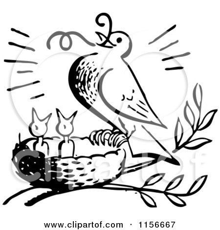 Clipart of a Black and White Retro Bird Feeding Chicks a Worm - Royalty Free Vector Clipart by BestVector