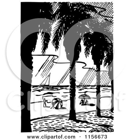 Clipart of a Black and White Retro Tropical Beach - Royalty Free Vector Clipart by BestVector