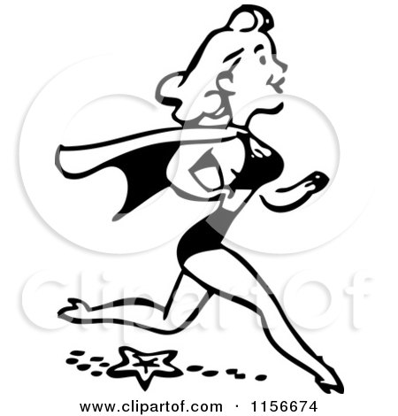 Clipart of a Black and White Retro Woman Running on a Beach with a Cape - Royalty Free Vector Clipart by BestVector