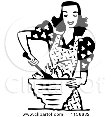 Clipart of a Black and White Retro Woman Mixing a Salad - Royalty Free Vector Clipart by BestVector