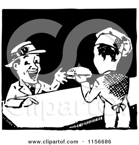 Clipart of a Black and White Retro Chef Serving a Hamburger - Royalty Free Vector Clipart by BestVector