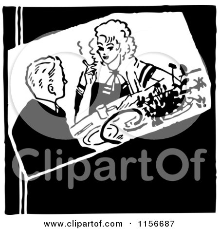 Clipart of a Black and White Retro Dining Couple - Royalty Free Vector Clipart by BestVector