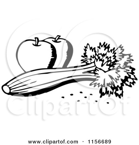 Clipart of Black and White Retro Celery and Apples - Royalty Free Vector Clipart by BestVector