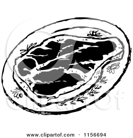 Clipart of a Black and White Retro Steak on a Plate - Royalty Free Vector Clipart by BestVector